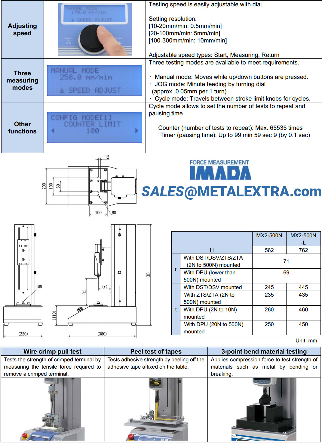 [Applications] Use suitable attachments to perform a variety of measurements. Wire crimp pull test Peel test of tapes 3-point bend material testing Tests the strength of crimped terminal by measuring the tensile force required to remove a crimped terminal. Tests adhesive strength by peeling off the adhesive tape affixed on the table. Applies compression force to test strength of materials such as metal by bending or breaking.