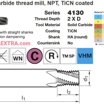 Alternative view of GUHRING Thread Milling Cutter NPT 2 X D TiCN TMSP 4130