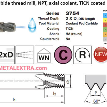Alternative view of GUHRING Thread Milling Cutter NPT Through Coolant 2 X D TiCN TMSP 3754