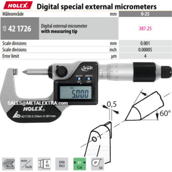 Alternative view of HOLEX Digital external micrometer with conical carbide-tip 0-25mm 421720