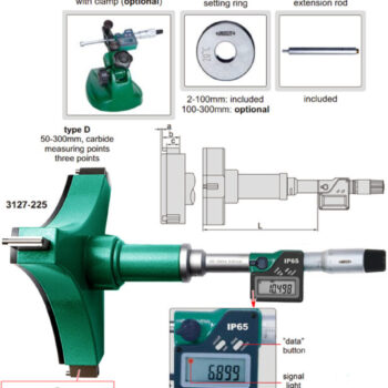 INSIZE 3-Points Bore Gauge Micrometer 3127-225 (Data out, DIN 863-4) IP65 Waterproof, Range; Ø200mm - Ø225mm / Ø7.87 Inch - 8.86 Inch - Image 3