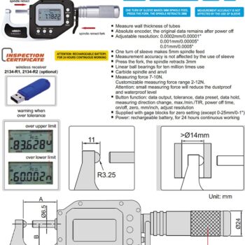 Alternative view of INSIZE 3355 Spherical Anvil Micrometer, Cable Output, IP65 Resolution 0.0002mm, ⌀25mm - ⌀100mm