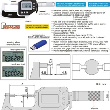 INSIZE 3356 Spline Anvil Micrometer (Cable Output, Res; 0.0002mm) Water resistant IP65, Range; Ø25mm - Ø75mm - Image 4