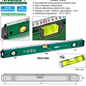 INSIZE Aluminium Spirit Level with Ruler 4923-600 (Horizontal-Vertical Vial, Grad; 1mm) Non-Magnetic Base; 600mm - Image 3