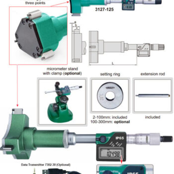 INSIZE Bore Gauge Micrometer 3127-125, 3-Points (Data out, DIN 863-4) IP65 Waterproof, Range; Ø100mm - Ø125mm / Ø3.94 Inch - Ø4.92 Inch - Image 3