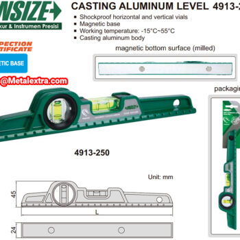 INSIZE Casting Aluminium Spirit Level 4913-360 (Horizontal-Vertical Vial) Magnetic Base; 250mm - Image 3