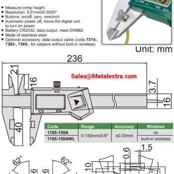 INSIZE Crimp Caliper, DIN 862, 1165-150A, Cable Output, 150mm - Image 4