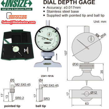 INSIZE Dial Depth Gage 2341-101A (Graduation; 0.01mm, Accuracy ±17µm) Flat Base, Pointed Anvil SR0.2 + Ball Tip SR3, Range; 10mm, Stroke; 10mm - Image 4