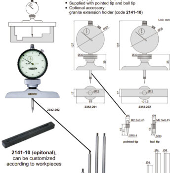 INSIZE Dial Depth Gage 2342-201 (Graduation; 0.02, Accuracy ±30µm) Flat Base, Pointed Anvil SR0.4 + Ball Tip SR3, Range; 300mm, Stroke; 30mm - Image 4