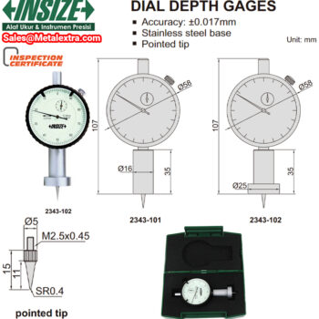 INSIZE Dial Depth Gage 2343-102 (Graduation; 0.01mm, Accuracy ±30µm) Round Base, Pointed Anvil SR0.4, Range; 10mm, Stroke; 10mm - Image 4