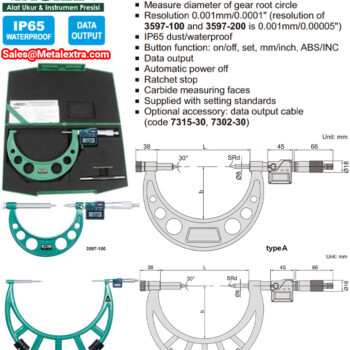 INSIZE Digital Gear Root Diameter Micrometer 3597 (Data output, Graduation: 0.01mm) DIN 863-3, IP 65, Range; Ø5mm -  Ø900mm - Image 3