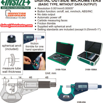 INSIZE Digital Micrometer 3109 (Basic Type NO DATA, Graduation: 0.001mm) Accuracy; ±2µm, Range; ≤Ø25mm -  Ø200mm - Image 9