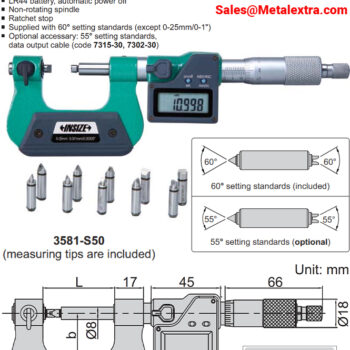 INSIZE Screw Thread Digital Micrometer 3581-75A (Cable Output, Resolution 0.001mm) Range; ⌀50mm-75mm - Image 4