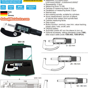 INSIZE Digital Micrometer 3661 Non-Rotating Spindle (Switchable Resolution; 0,5µm, Accuracy; ±2µm) IP65, Range; ≤Ø30mm - Ø305mm - Image 4