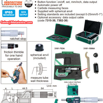INSIZE Digital Outside Micrometer 3101 Waterproof IP 65 (Data Cable, Graduation: 0.001mm) Accuracy; ±2µm, Range; ≤Ø25mm -  Ø300mm - Image 7