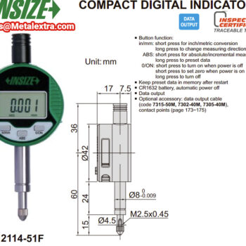 Alternative view of INSIZE Digital Test Indicator 2114-51F, Compact type (Resolution 0.001mm) Accuracy 5μm, 5mm