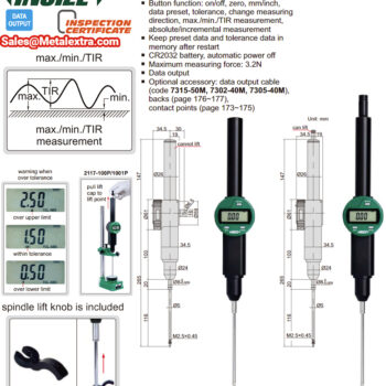 Alternative view of INSIZE Digital Test Indicator Long Stroke 2117-100, Cable output (Resolution 0.01mm), Accuracy 30μm, Range: 100mm / 4 Inch