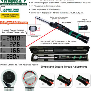 INSIZE Digital Torque Wrench IST25WM Interchangeable Head (Resolution 0.1Nm. Driver 3/8 Inch - 1/2 Inch) Accuracy; 3%, Range; 12Nm - 300 Nm - Image 3