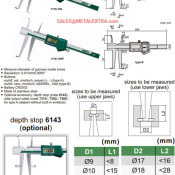 INSIZE Inside Groove Vernier Caliper 1176-150WL (Wireless Output, Graduation 0.02mm) Range; 9-150mm/0.35-6 Inch - Image 4