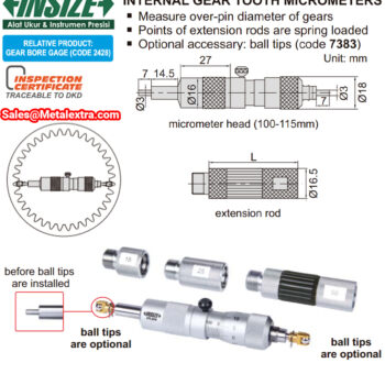 INSIZE Internal Gear Tooth Micrometer 3638 (Sping-loaded Extension Rod with Ball Tips Anvil), Ø100mm - Ø1150mm - Image 5