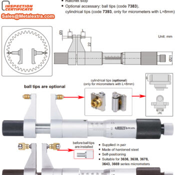 INSIZE Internal Gear Tooth Micrometer 3678 (DIN 863, Vernier Type, Resolution 0.01mm) Range; ≤Ø25mm - Ø75mm - Image 3