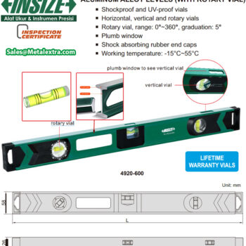 Alternative view of INSIZE Levels with Rotary Vial 4920 (Aluminum Alloy) Accuracy; 0.5mm/m Range; 400mm - 1200mm