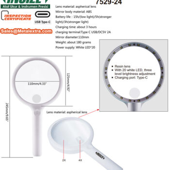 INSIZE LED Magnifier 7529-24 (20 LED Ring light, Rechargeable Type-C) Resin Lens Ø100mm, Magnify Range; 2x/4x - Image 4