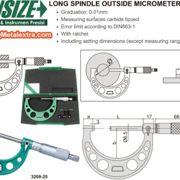 INSIZE Outside Micrometer 3209 Long Spindle (DIN 863, Graduation: 0.01mm) Range; ±Ø25mm -  Ø100mm - Image 3