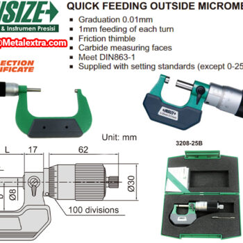 INSIZE Quick Setting Micrometer 3208 (Resolution 0.01mm, Feed 1mm/turn) Accuracy ±4μm, Range; ⌀25mm - 200mm - Image 5