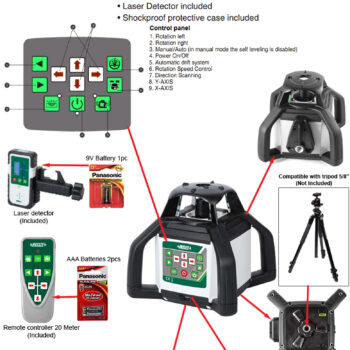 INSIZE Rotary Line Laser Level GRL-L340 Rechargeable (GREEN laser Ø2±1.5mm at 5m) IP65, Range; 50 Meter (Indoor), 300 Meter (Outdoor) - Image 7