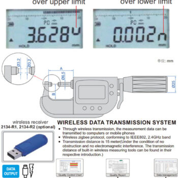 INSIZE Snap Micrometer 3359-25WL Rechargeable (WIFI Output, Resolution 0.001mm) Water Resist IP65, Accuracy; ±0.5μm, Range; ⌀25mm - Image 3
