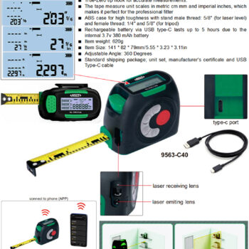 INSIZE Tape Measure with Laser Distance 9563 Series (Rechargeable, Bluetooth Data) Roll Range; 5Meter x 19mm, Laser Range; ≤60 Meter - Image 5