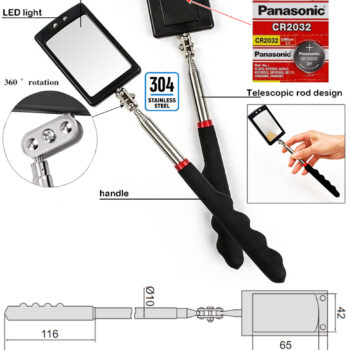 INSIZE Inspection Mirror with light 7126-1 (Adjustable Telescopic, Stainless steel) Range; 285mm - 875mm - Image 3