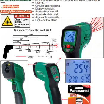 INSIZE Infrared Thermometer 0215-A900 Air temp, Dew temp, Humidity (Class 2 laser output <1mW, Res; 0.1°C / 0.1°F) Range; -50°C~800°C/-58°F~1472°F - Image 5