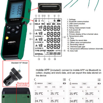 INSIZE 4-channel Thermocouple Data Logger 0323-CT47 Series (Bluetooth, Android, Resolution: 0.1℃, Type-C Data) Thermometer Range; -200°C - 1372°C - Image 6