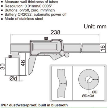 Alternative view of INSIZE Tube Thickness Caliper 150mm, Bluetooth Data Transfer, IP67 Waterproof 1161-150BWL