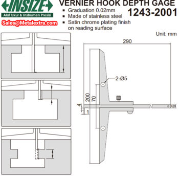 Alternative view of INSIZE Vernier Depth Gauge 1243-2001 with hook (Graduation 0.02mm) Range; Ø200mm