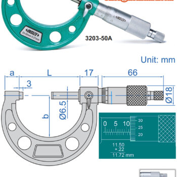 INSIZE Vernier Micrometer 3203 (DIN 863-1, Graduation: 0.01mm) Range; Ø25mm -  Ø400mm / Ø1 Inch - Ø12 Inch - Image 7