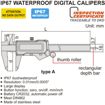 INSIZE Waterproof Caliper 0-200mm/ 0-8 inch 1126-200 IP67 - Image 2