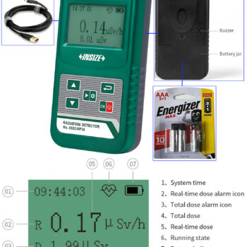 Alternative view of INSIZE Radiation Detector 0522-RF10 (Geiger Counter, Dosimeter) Dose Range: 0.1uSV/h - 10mSV/h