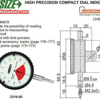 INSIZE One Revolution DIN 878 Dial Test Indicator 2316 (Read: 25-0-25 / 50-0-50) Accuracy 9μm, Range: 0.5mm - 1mm - Image 2
