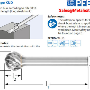 PFERD Carbide Ball End Burr, DIN 8032, KUD, LONG SHANK, 4007220, Ø10mm - Ø12mm - Image 2