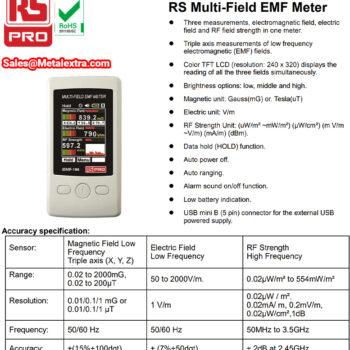 RS PRO Gauss Meter 124-0939 (Resolution; 0.01 μT/0.01 mG) USB Mini-B, high frequency (RF) Range; 50 MHz - 3.5 GHz,  low frequency (EMF); 50-60 Hz - Image 6