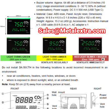 SK SATO CO2 Monitor SK-50CTH Rechargeable (Type-C, Air Humidity: 10.0 to 95.0%rh) Range; 200 to 5000 ppm - Image 5